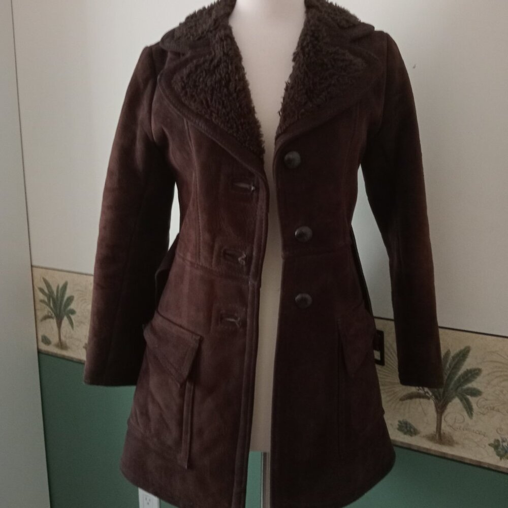 Vintage 1970s Suede Shearling Chocolate Brown Penny Lane  Belted Coat - Picture 6 of 6